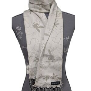 Playboy Cotton Scarf With Tassels Off-White With Bunny And Heart Designs vintage